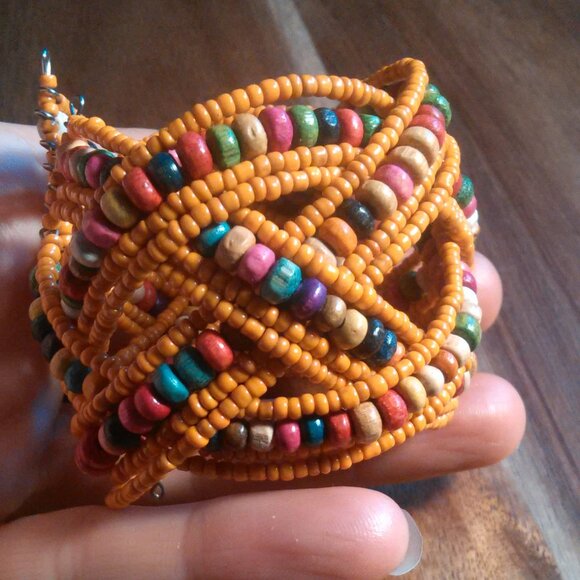 Orange Seed Bead and Multi-Color Bead Twisted Weave Cuff Bracelet - Picture 3 of 8